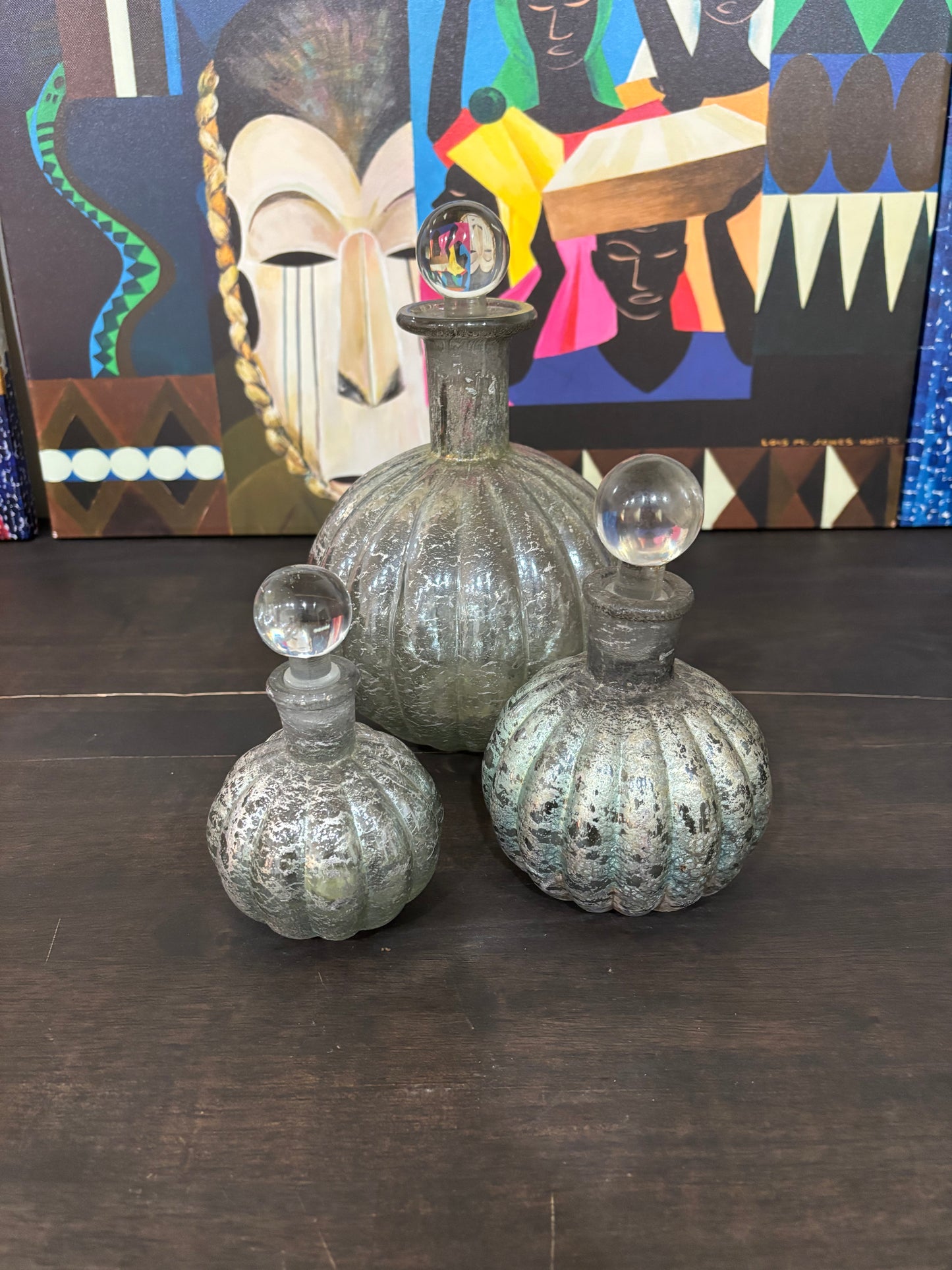 Vintage Mercury Glass Decanters with clear glass ball stoppers