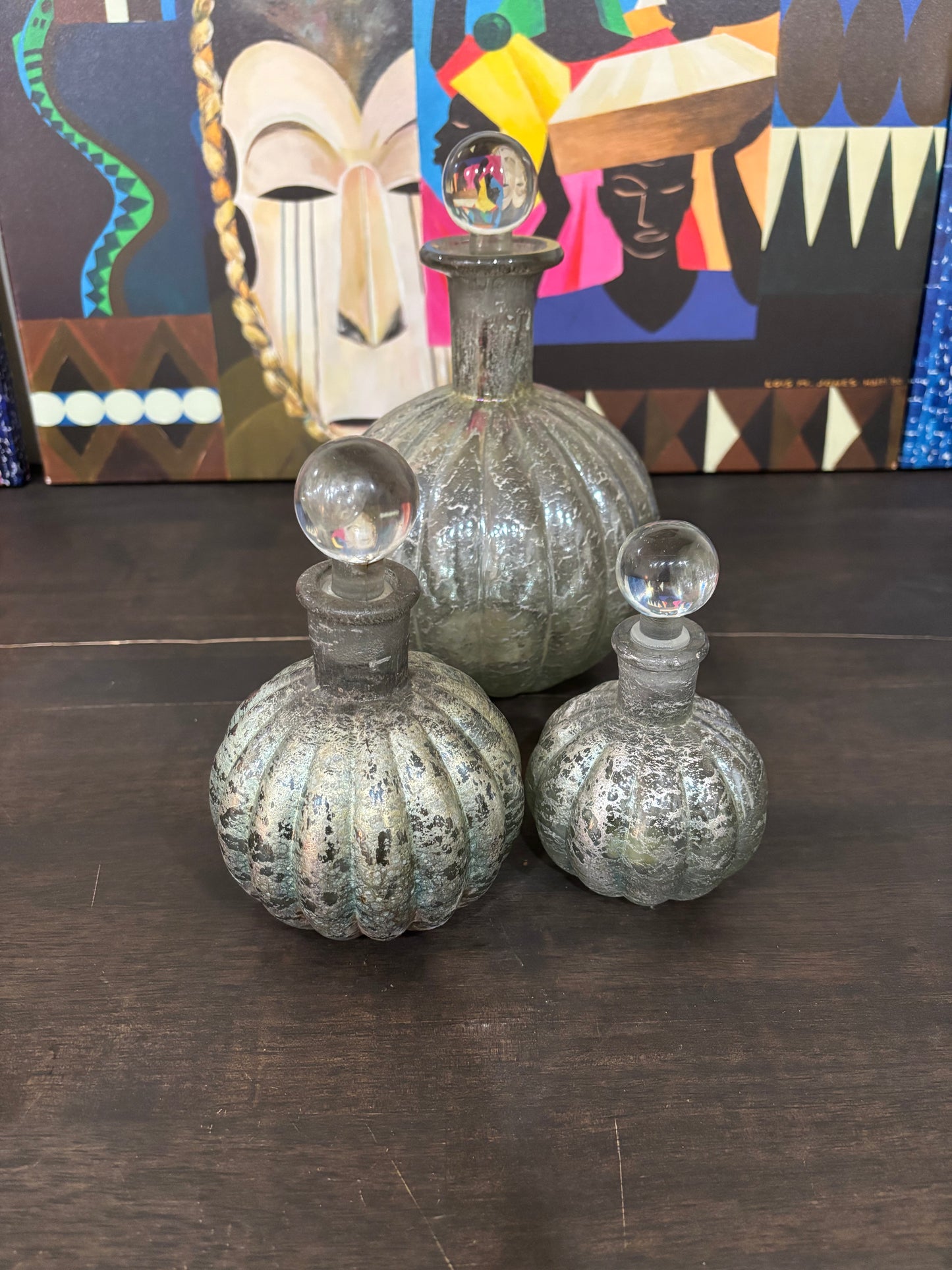 Vintage Mercury Glass Decanters with clear glass ball stoppers