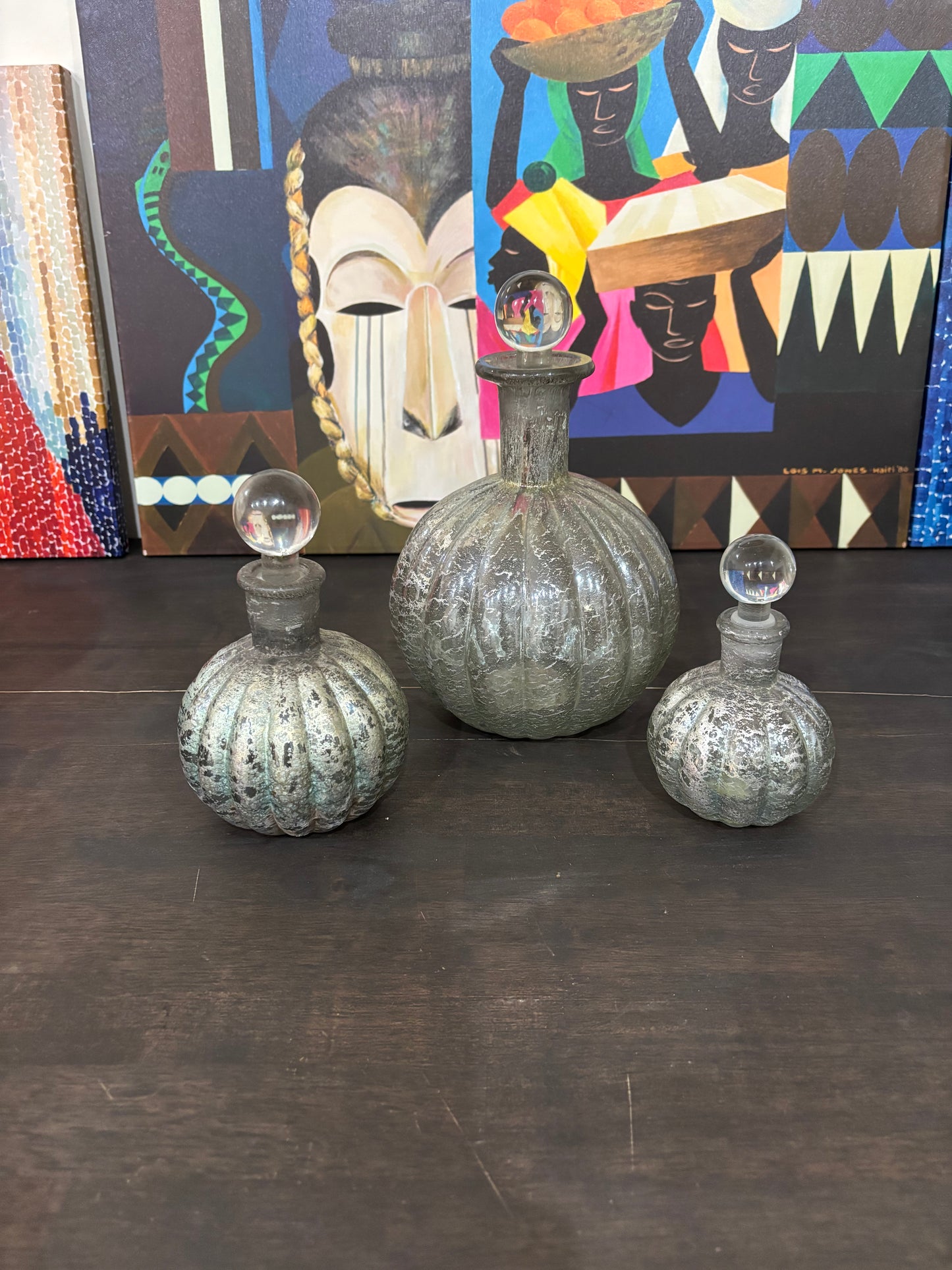 Vintage Mercury Glass Decanters with clear glass ball stoppers
